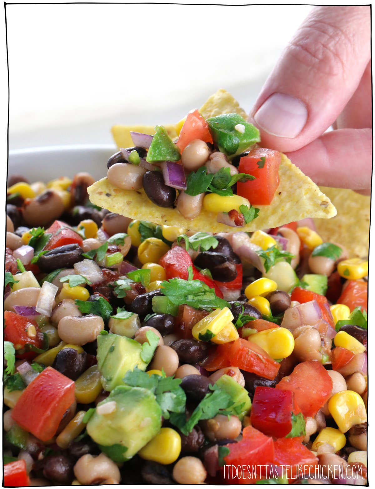The Best Cowboy Caviar is super quick and easy to whip up and can be enjoyed as a dip with tortilla chips or could be served as a side dish. With a zesty lime and smoky chipotle dressing, this recipe is perfect for potlucks or BBQ's. This delicious summer appetizer is a real crowd pleaser! #itdoesnttastelikechicken #veganrecipe #potluck