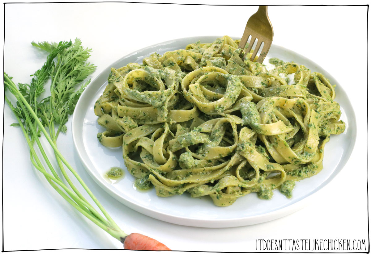 Don't toss away your carrot greens, use them to make this delicious Vegan Carrot Top Pesto! This zero-waste recipe is easy to make, taking less than 10 minutes and only 9 ingredients. Perfect for tossing with pasta, use as a dip, tossing with roasted veggies, or spreading onto crusty bread.