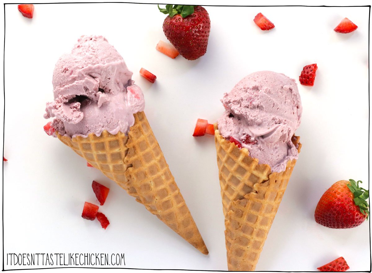 The Best Vegan Strawberry Ice Cream recipe is easy to make and tastes like fresh strawberries. No coconut and no bananas were used. Just 5 simple ingredients, cashews, your favorite plant-based milk, fresh or frozen strawberries, sugar, and vanilla. You can use an ice cream maker if you have one or use my no-maker technique. #itdoesnttastelikechicken #veganrecipes