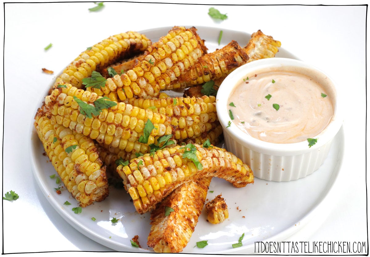 Quick to make and super tasty, corn ribs are the perfect crowd pleaser. Dip the seasoned corn ribs in my 5 ingredients chipotle crema (so easy to make) for a real treat. You can prep these ahead of time and serve them hot or cold. These are great as a snack, side dish, or appetizer, great for at BBQ's or potlucks. #itdoesnttastelikechicken #veganappetizer #appetizer