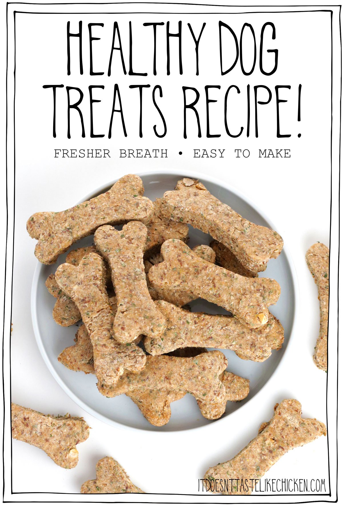 These healthy dog treats are easy to make and full of ingredients that are good for your dog. These treats help freshen breath, improve skin and coat health, and are packed with fiber, and nutrients your dog needs.  Best yet, dogs love them!! #itdoesnttastelikechicken #dogrecipe #dogtreats #dog