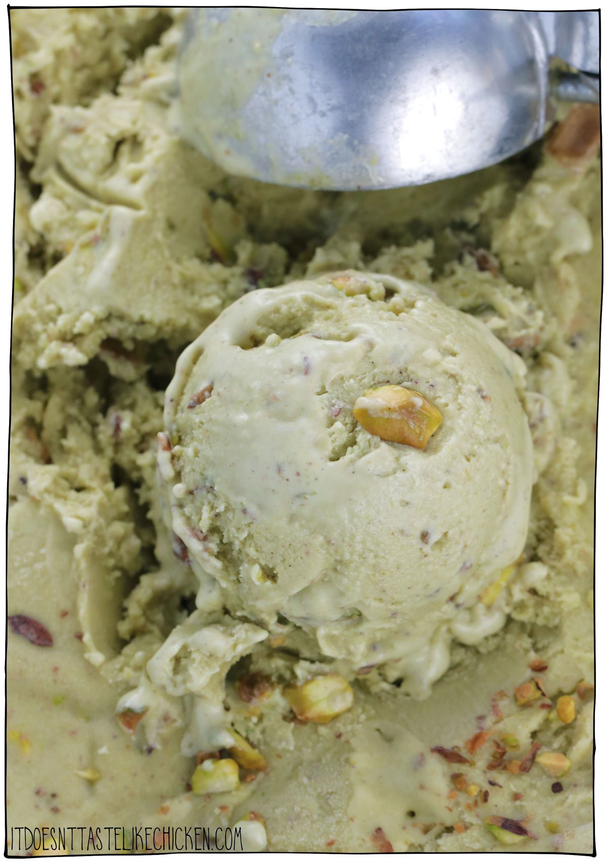 The Best Vegan Pistachio Ice Cream is incredibly creamy, and nutty, with hints of vanilla. This ice cream recipe is easy to make and requires no coconut and no banana. Instead, this vegan ice cream is made with just 7 ingredients: plant-based milk of choice, pistachios, cashews (for added richness and creaminess), sugar, vanilla, almond extract, and a pinch of salt. You can use this recipe in an ice cream maker or learn how to make ice cream in a blender! #itdoesnttastelikechicken #icecream