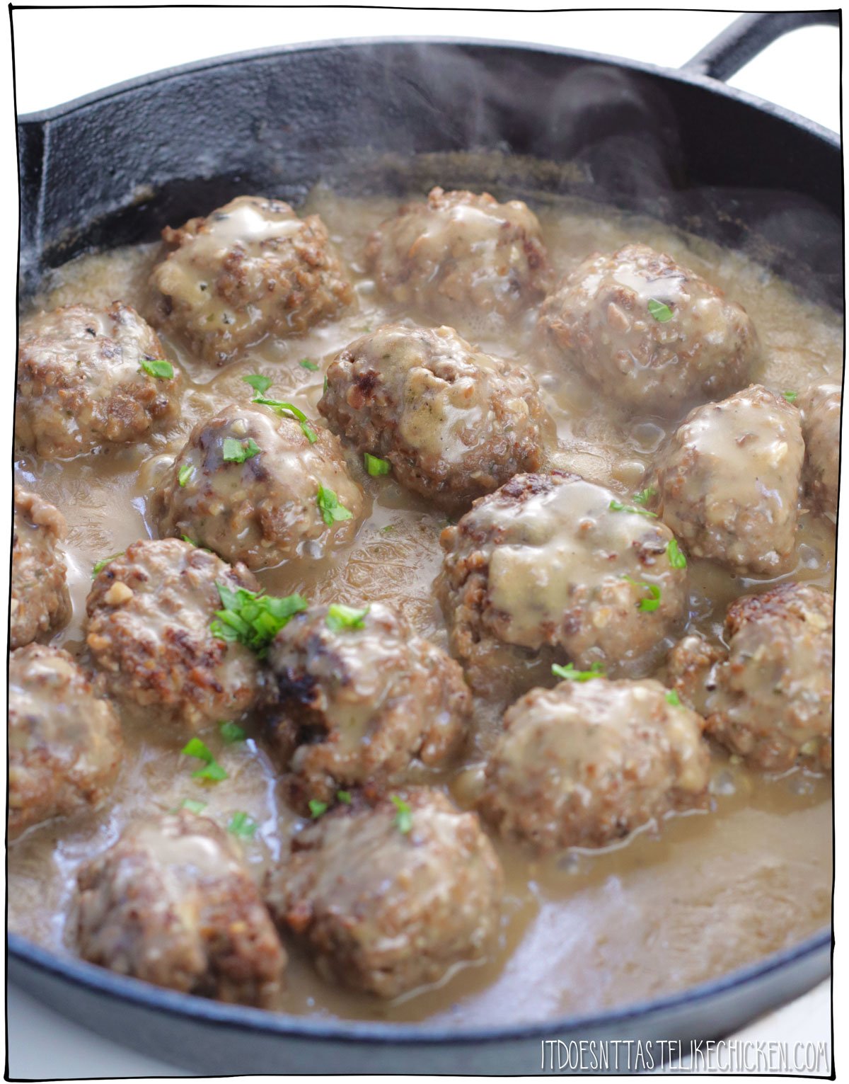 These Vegan Swedish Meatballs are so meaty, that you might just fool a meat eater! Delicious homemade seitan meatballs are covered in a rich and creamy gravy for the ultimate comfort food. These taste better than IKEA's! #itdoesnttastelikechicken #vegan #seitan