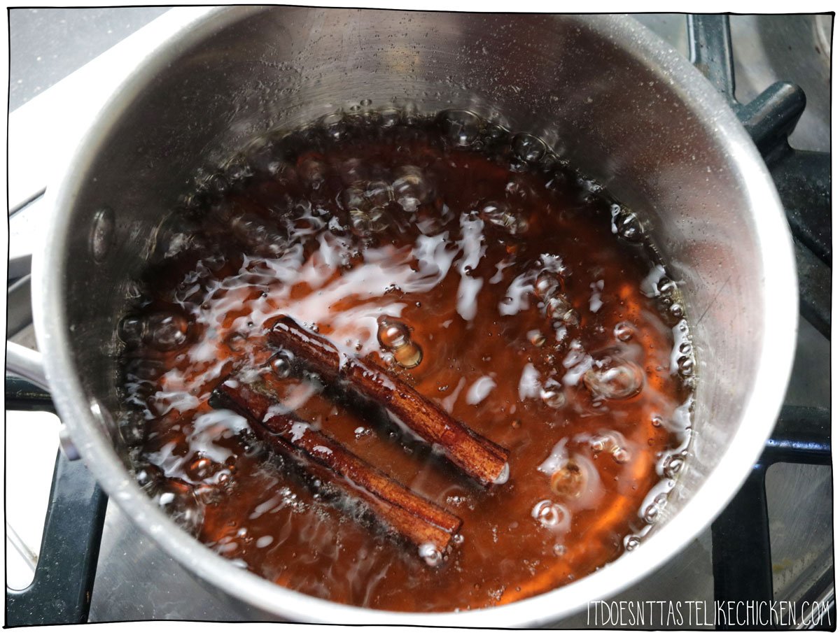 add the sugars, water, cinnamon, to a pot and simmer for 10 minutes. Remove from heat and stir in the vanilla.