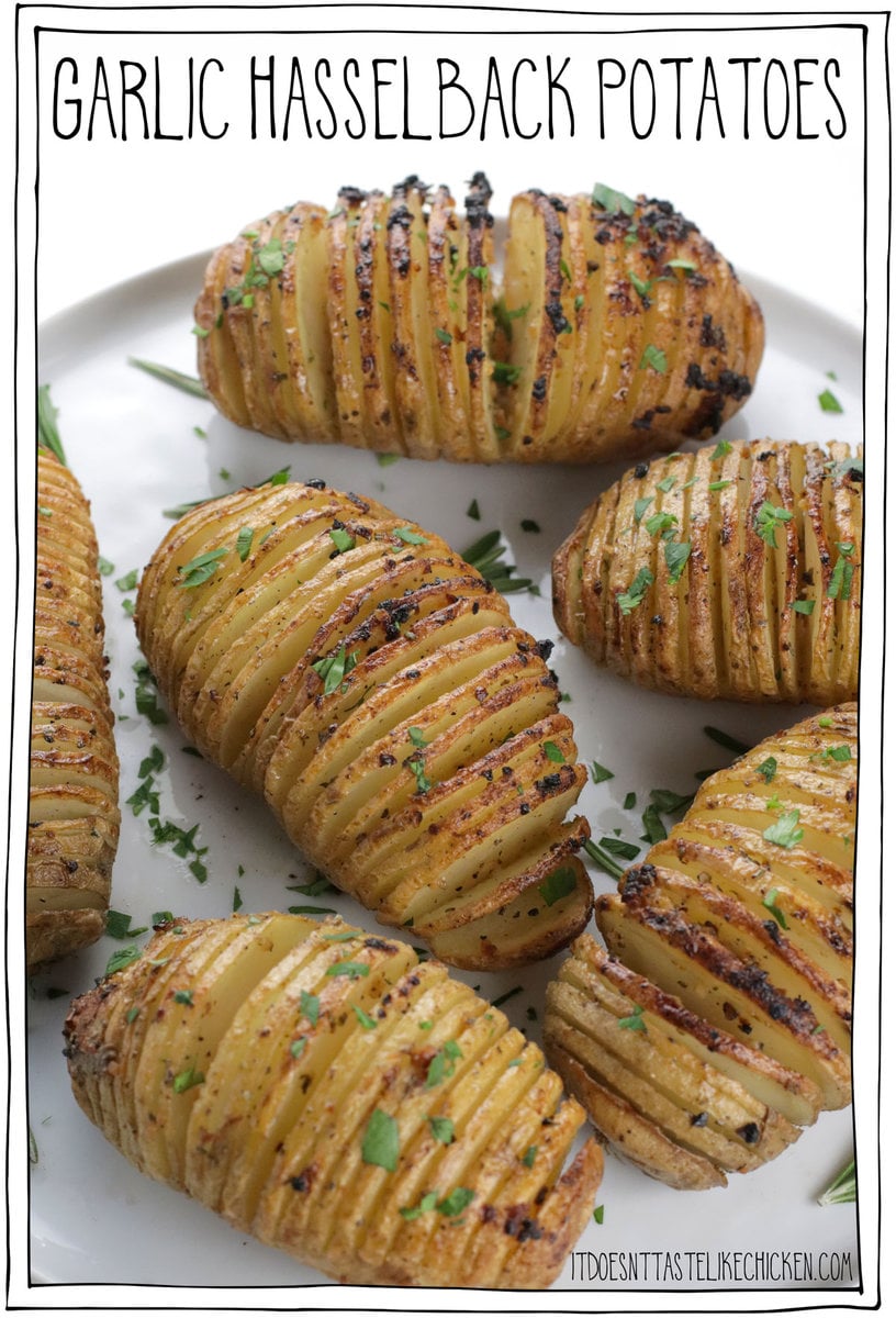 Baked potatoes never looked so good!  Garlic Hasselback Potatoes are the perfect side dish when you want to really impress.  Seasoned with garlic and rosemary, and then fried to a golden brown, they are tender on the inside and lightly crispy on the outside.  #itdoesnttastelikechicken #thanksgiving #potatoes