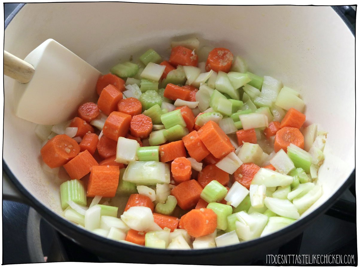 Saute carrots, celery, onion and garlic.