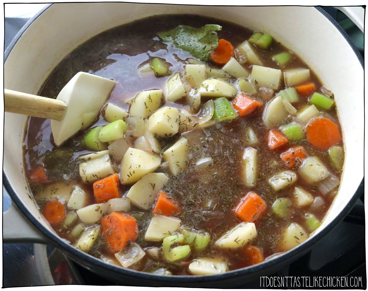 Add the broth, potatoes, wine, and other seasonings.