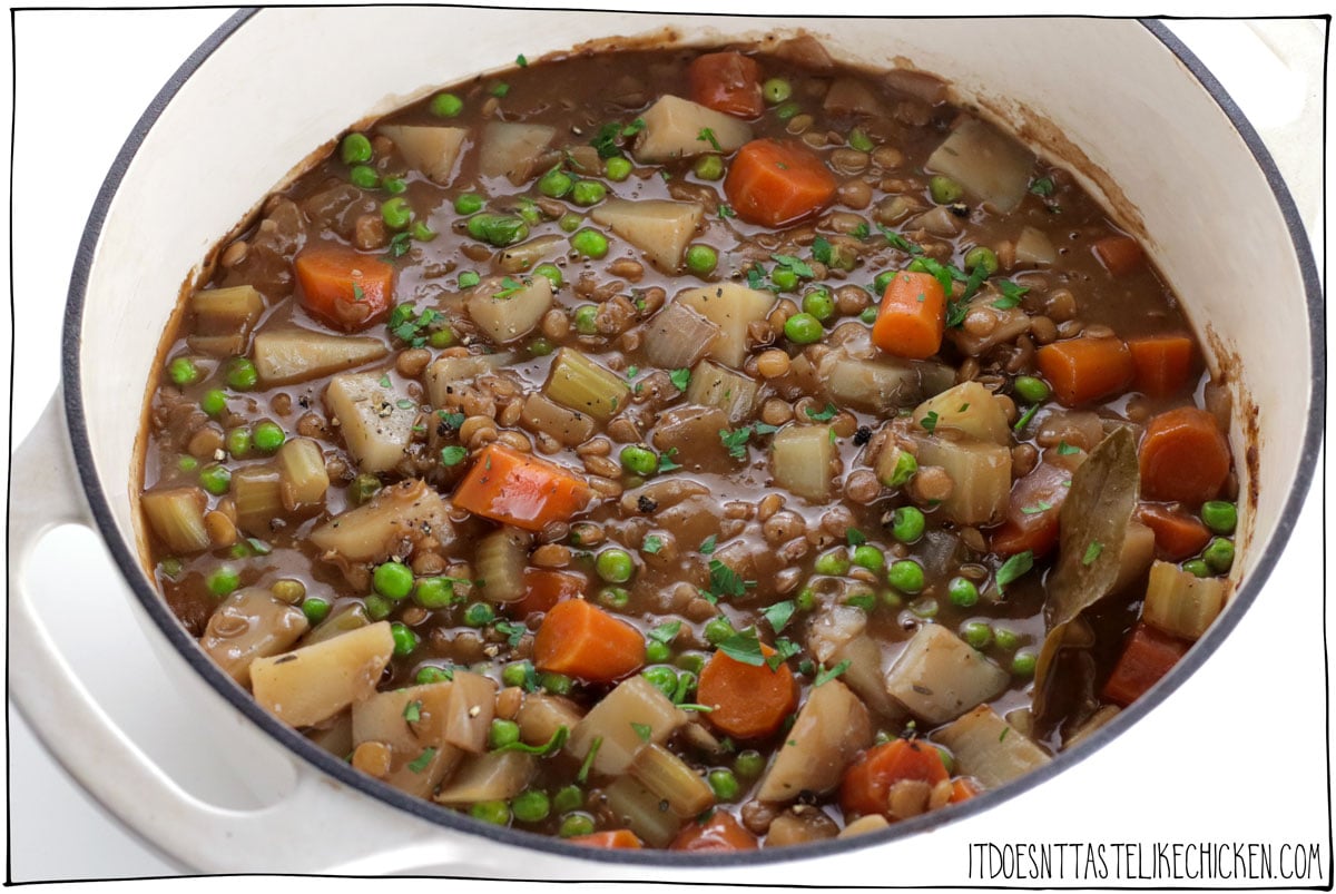 This hearty vegan lentil stew is full of warming stick-to-your-ribs flavor that's perfect for a chilly night.  Packed with carrots, celery, potatoes, peas, and lentils, this rich stew is full of good-for-you veggies, simmered in a hearty gravy sauce made with red wine.  YUM #itdoesnttastelikechicken #stew #veganrecipes