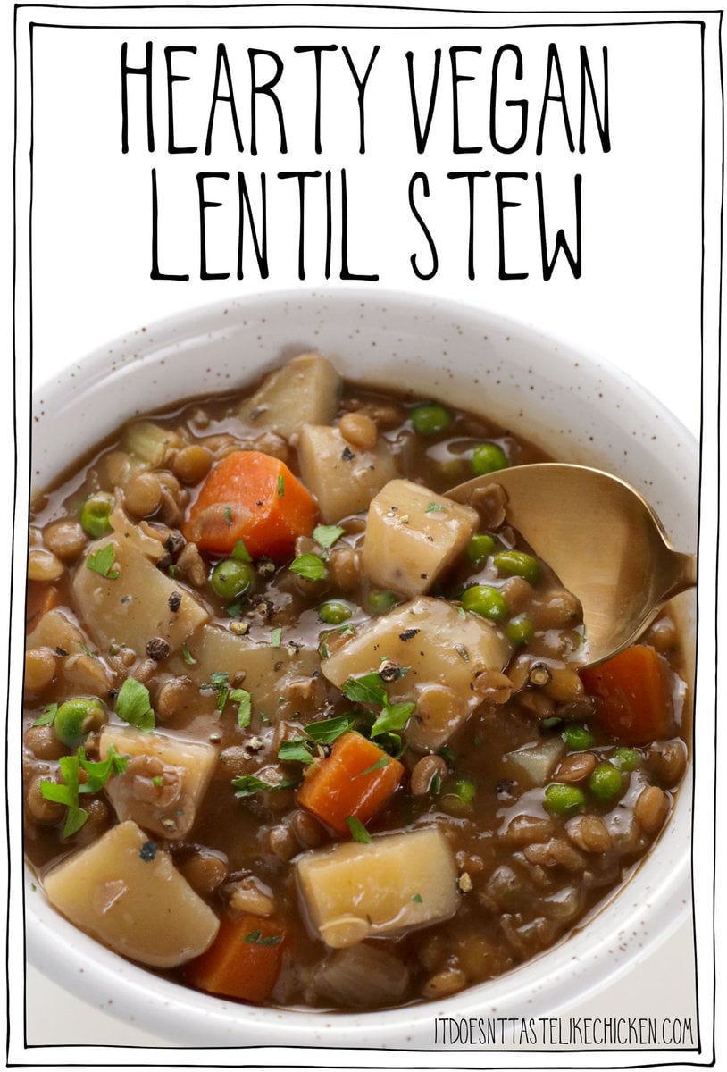 This Hearty Vegan Lentil Stew is full of warming stick-to-your-ribs flavors that are perfect for a chilly night. Packed with carrots, celery, potatoes, peas, and lentils this rich stew is full of good-for-you veggies, that are simmered in a hearty gravy sauce made with red wine. YUM. #itdoesnttastelikechicken #stew #veganrecipes