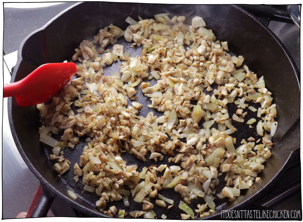 Sauté the mushrooms stems with onion and garlic