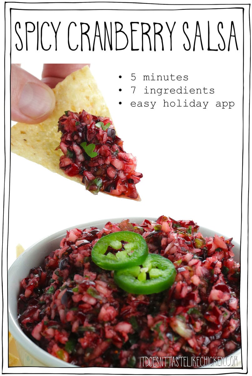 Just 5 minutes and 7 ingredients is all it takes to make this easy holiday appetizer! Cranberry salsa is fresh, tart, sweet, spicy, and super flavorful. This salsa tastes best when it rests in the fridge overnight making it a great make-ahead recipe. Serve it alone with tortilla chips or crackers, or you can pour it over a block of vegan cream cheese for a tart and creamy treat. #itdoesnttastelikechicken #veganappetizer #christmas #appetizer