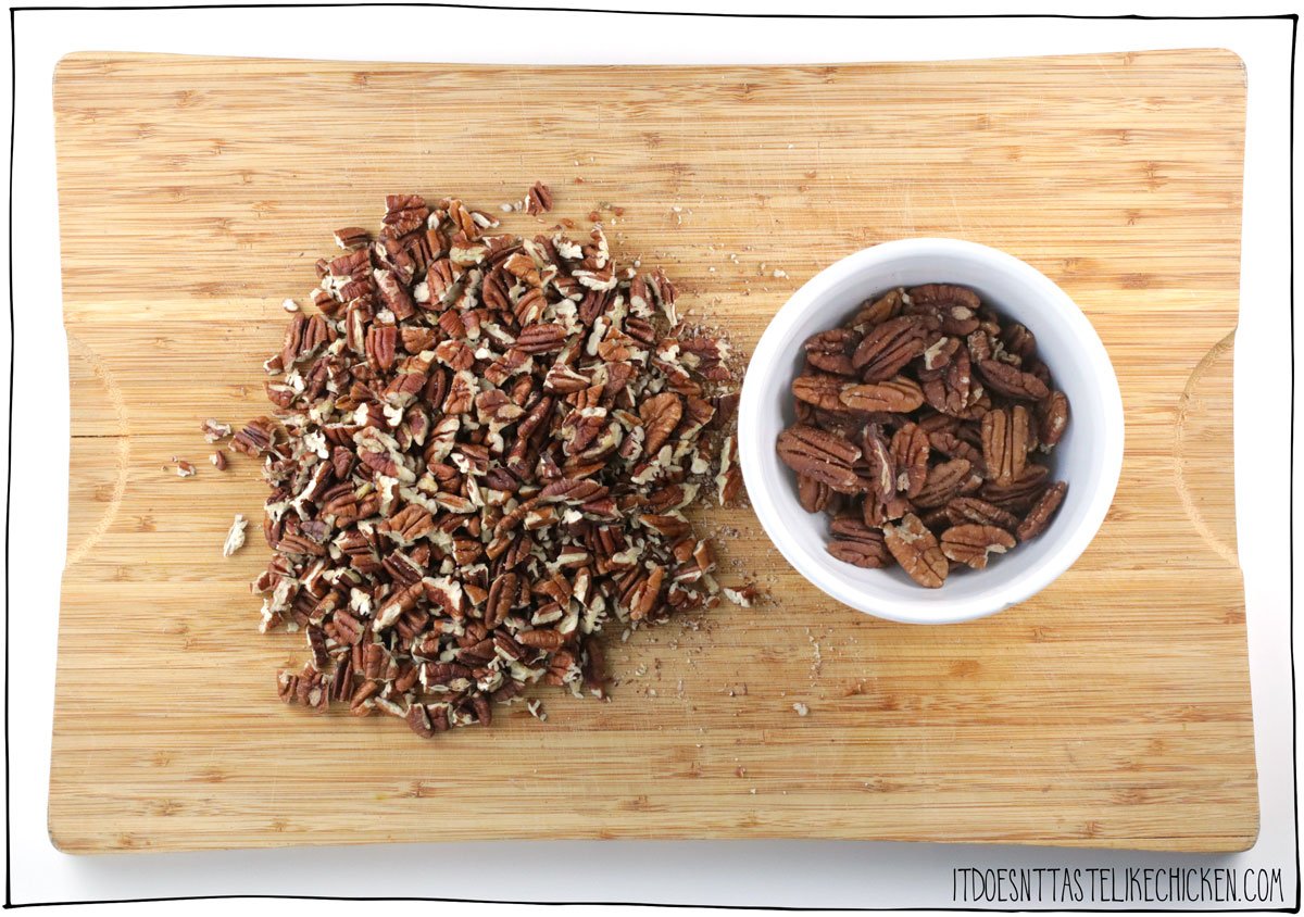 Chop up 1 ½ cups of the pecans and leave 1 cup of pecan halves whole