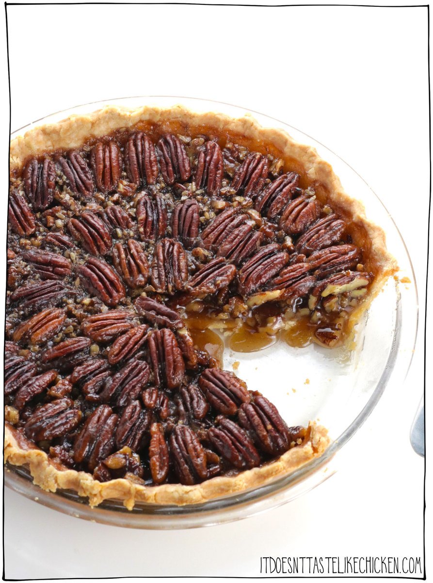 This Easy Vegan Pecan Pie is deliciously gooey, sticky, rich, nutty, and amazing! Traditionally, pecan pie is made with eggs and dairy making it not vegan, but my recipe uses 9 simple ingredients you likely already have in your kitchen to make it completely plant-based and it can be made gluten-free too. I also add a splash of Bourbon and a dash of cinnamon to make this the best vegan pecan pie ever! #itdoesnttastelikechicken #vegandesserts #veganpie