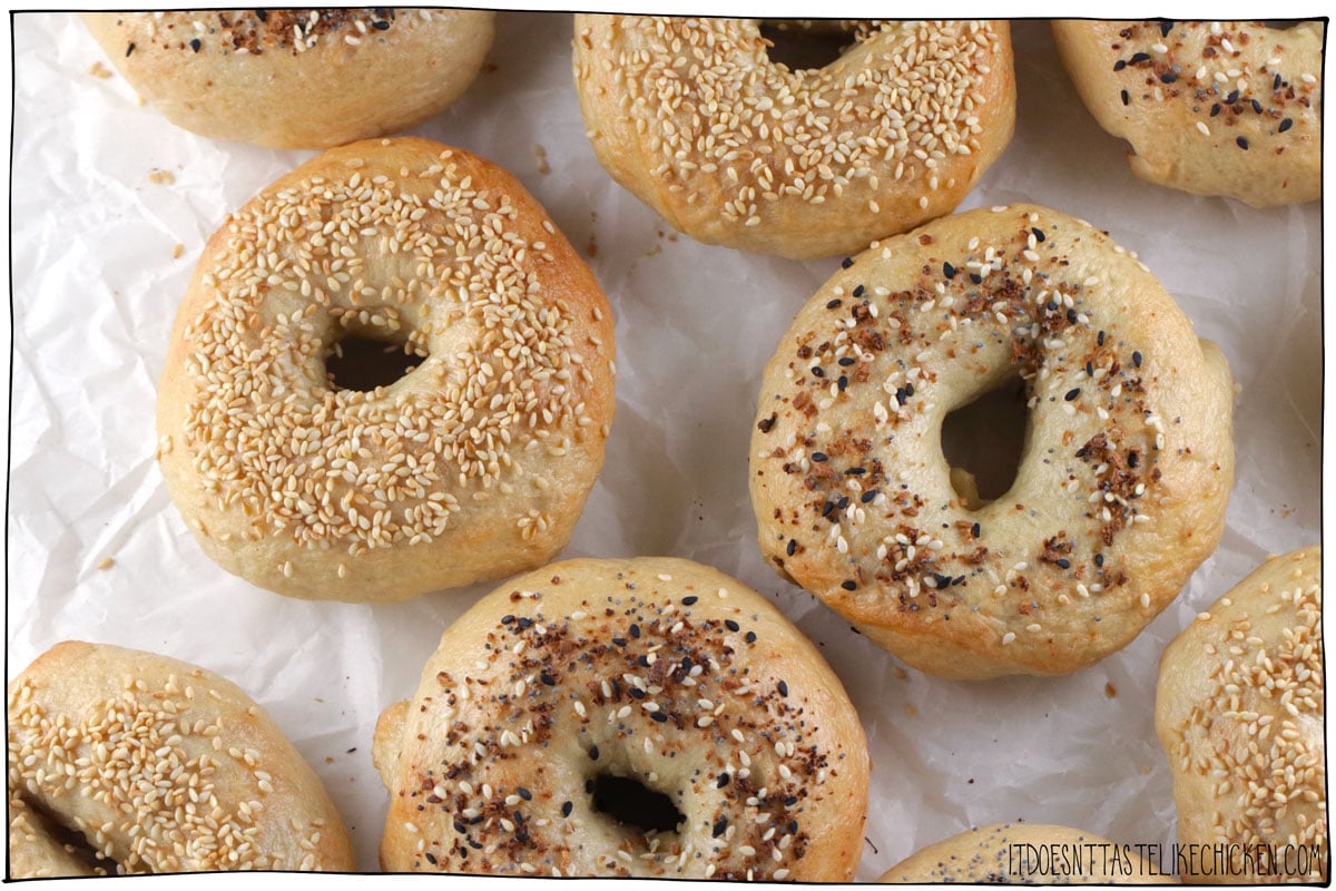 The best vegan bagels are fluffy and chewy, sweet and salty, and so much fun to make!  Just 6 simple ingredients that you probably already have in your pantry.  Making homemade bagels takes a few steps, but each step is easy and the results are worth it!  It's the perfect weekend project, and the bagels freeze great so you can enjoy them throughout the week.  #itdoesnttastelikechicken #veganbaking #veganrecipe