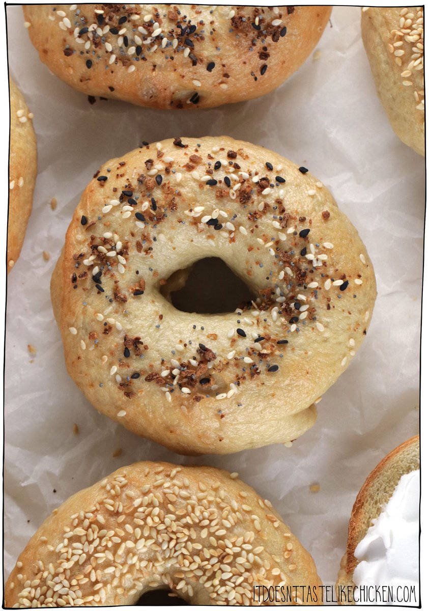 The best vegan bagels are fluffy and chewy, sweet and salty, and so much fun to make!  Just 6 simple ingredients that you probably already have in your pantry.  Making homemade bagels takes a few steps, but each step is easy and the results are worth it!  It's the perfect weekend project, and the bagels freeze great so you can enjoy them throughout the week.  #itdoesnttastelikechicken #veganbaking #veganrecipe