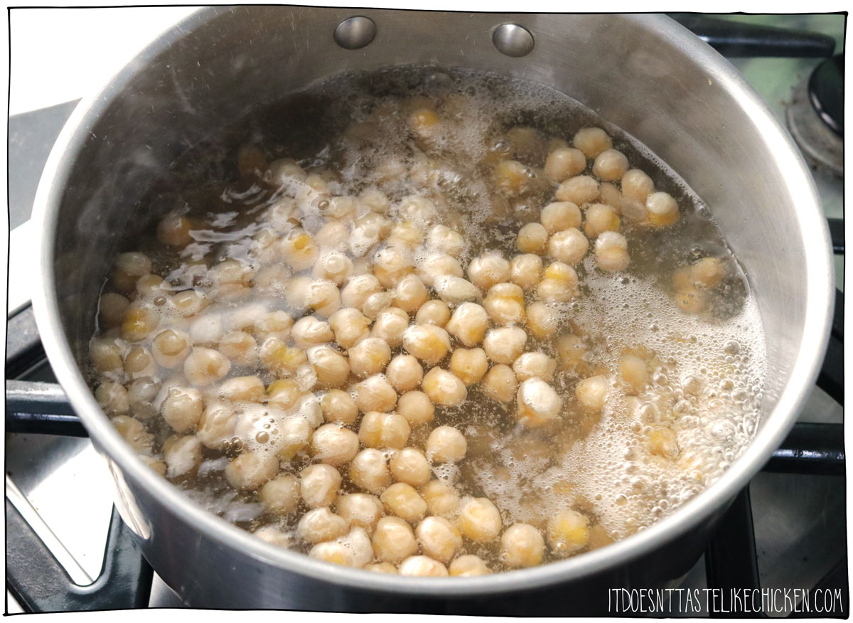 Boil the chickpeas until they are very tender and the skins start to fall off.