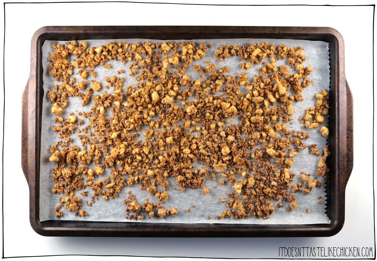 Spread the tofu crumbles on a baking sheet and bake until golden brown and dry.