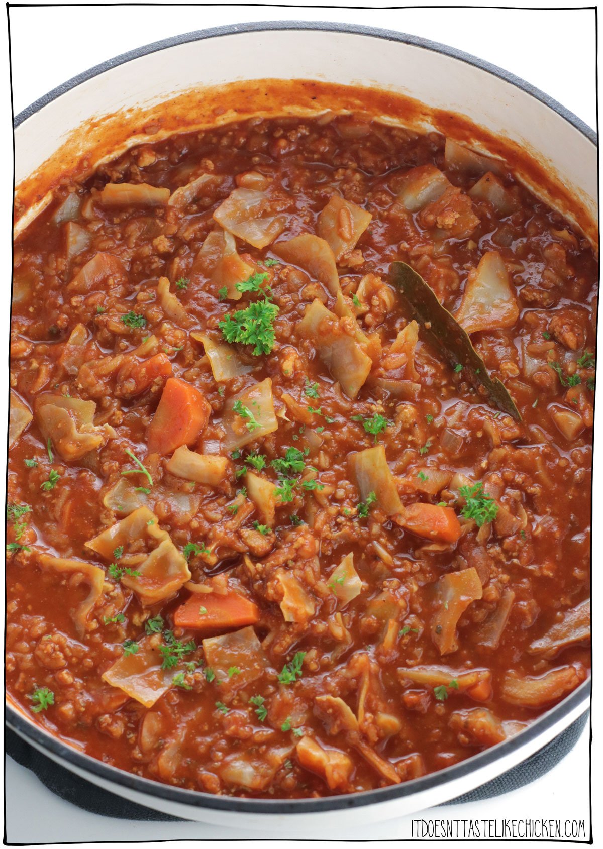 This Easy Vegan Cabbage Roll Soup tastes just like cabbage rolls, but it is so much easier to make! Very hearty and filling and made with easy-to-find and inexpensive ingredients including cabbage, tofu, rice, and canned tomatoes. If you love cabbage rolls, but don't like all the work, this unstuffed cabbage roll soup is for you! #itdoesnttastelikechicken #veganrecipes #soup