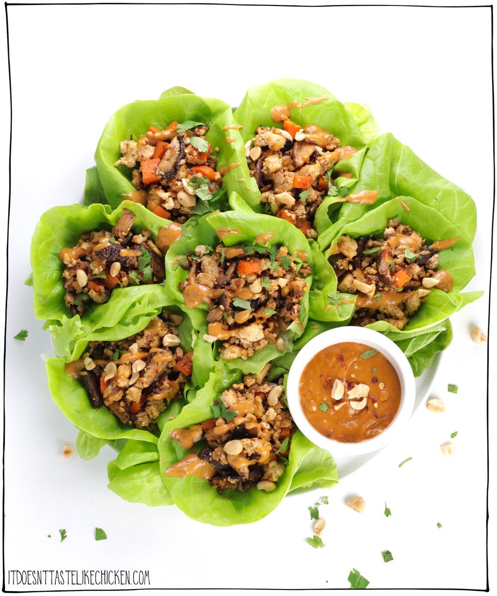 Tofu Lettuce Wraps with Peanut Sauce are a delicious and healthy meal option that everyone will love! Made with pan-fried tofu and meaty shiitake mushrooms, served on fresh lettuce leaves and drizzled with spicy peanut sauce. Yum! These tofu lettuce wraps are perfect for a quick and easy lunch or dinner and can be served as an appetizer or main course. They are also a great option for meal prep, as the filling and sauce can be made in advance and stored in the refrigerator for later. #itdoesnttastelikechicken #veganrecipes