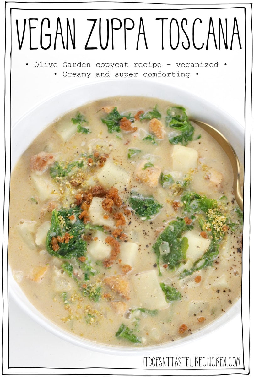 Olive Garden's Zuppa Toscana soup recipe- but veganized! Vegan Zuppa Toscana is lusciously creamy and loaded with potato, kale, and homemade tofu sausage. This soup recipe tastes like comfort food but is actually healthy, and it's easy enough to prepare for an easy weeknight dinner! #itdoesnttastelikechicken #veganrecipes #soup