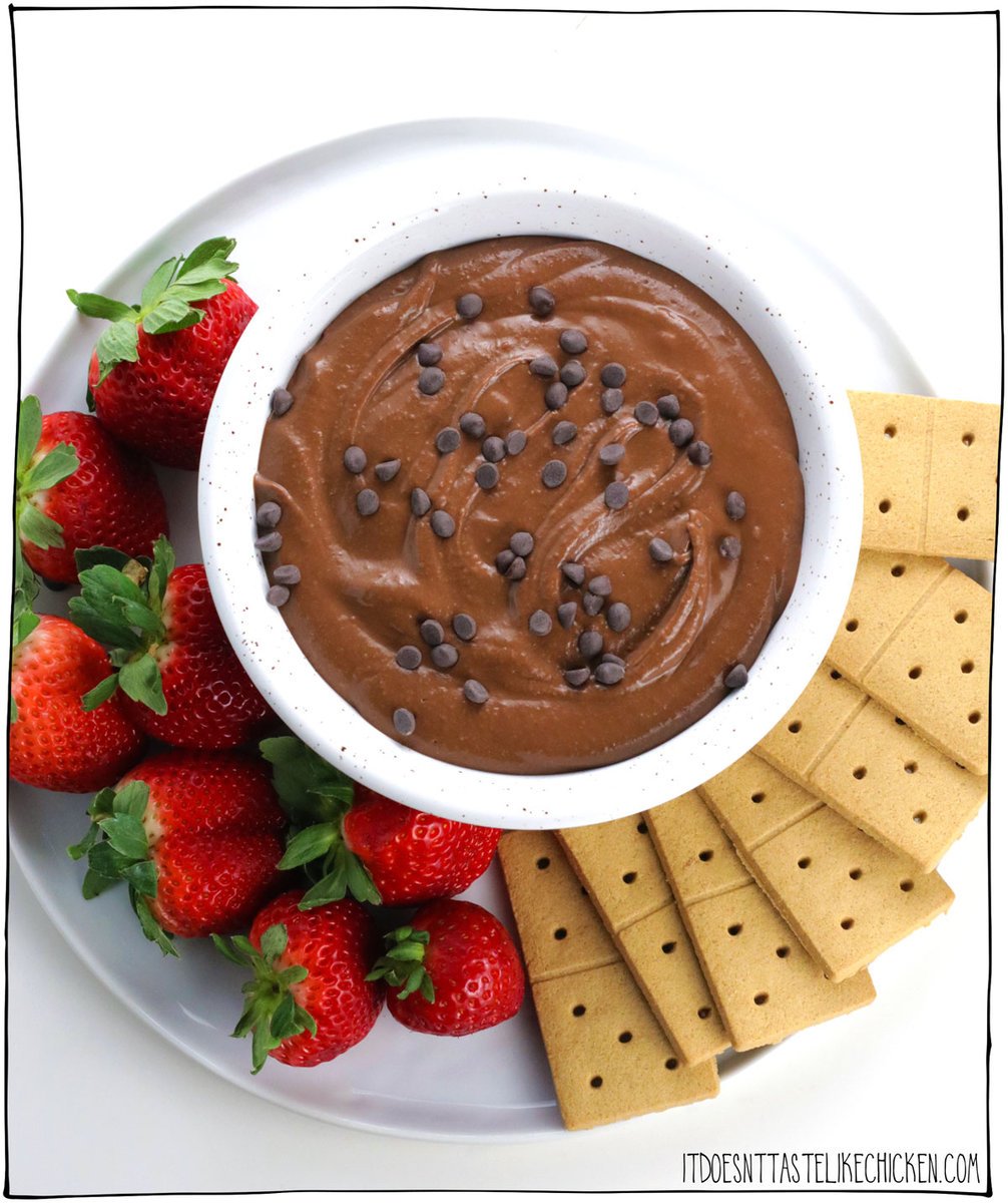 Chocolate hummus is the perfect dessert dip for all chocolate lovers out there. Creamy, chocolatey, rich, and decadent, it tastes like brownie batter! Not only is it delicious, but it's also healthy and easy to make with just 6 ingredients. This sweet dip is a guilt-free way to satisfy your sweet tooth. Serve with strawberries, cookies, or pretzels for dipping.  Chocolate hummus is a crowd-pleaser, it's perfect for parties! #itdoesnttastelikechicken #vegan #healthydessert
