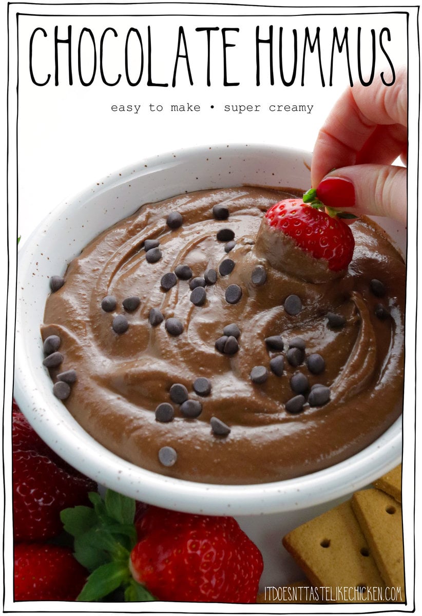 Chocolate hummus is the perfect dip for all chocolate lovers.  Creamy, chocolaty, rich and decadent, it tastes like brownie batter!  Not only is it delicious, but it's also healthy and easy to prepare with only 6 ingredients.  This sweet dip is a guilt-free way to satisfy your sweet tooth.  Serve with strawberries, cookies or pretzels for dipping.  Chocolate hummus is a crowd pleaser, perfect for parties!  #it ​​doesn't taste like chicken #vegan #dessertssains