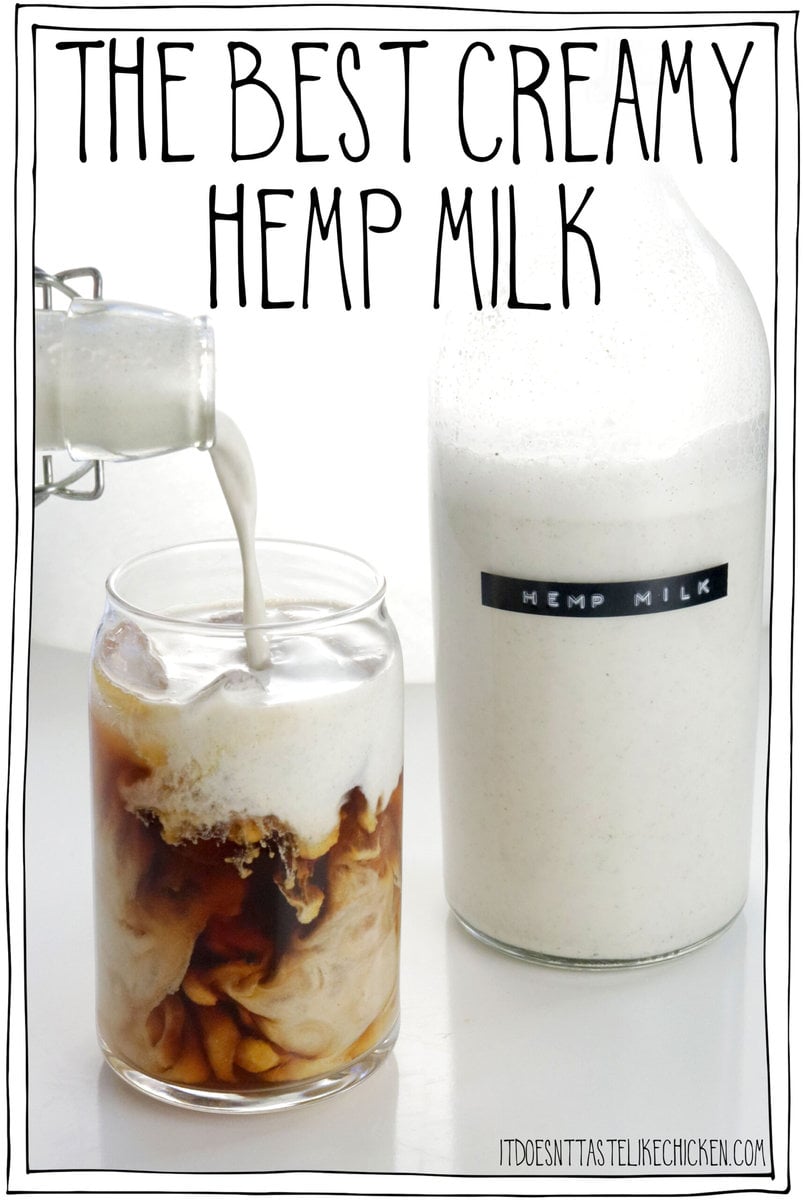 Only 2 ingredients and 5 minutes to prepare, the best creamy hemp milk is so quick and easy to prepare!  Just mix and enjoy, without straining.  Hemp milk is super rich and creamy and can be used on cereal, in cooking or baking, in smoothies, and there is also an option to make hemp cream out of it which is perfect for coffee or sauces creamy!