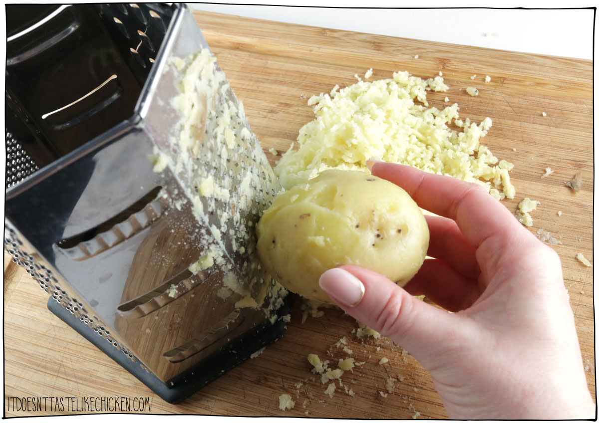 Use a potato ricer or small side of a cheese grater to shred the potatoes.