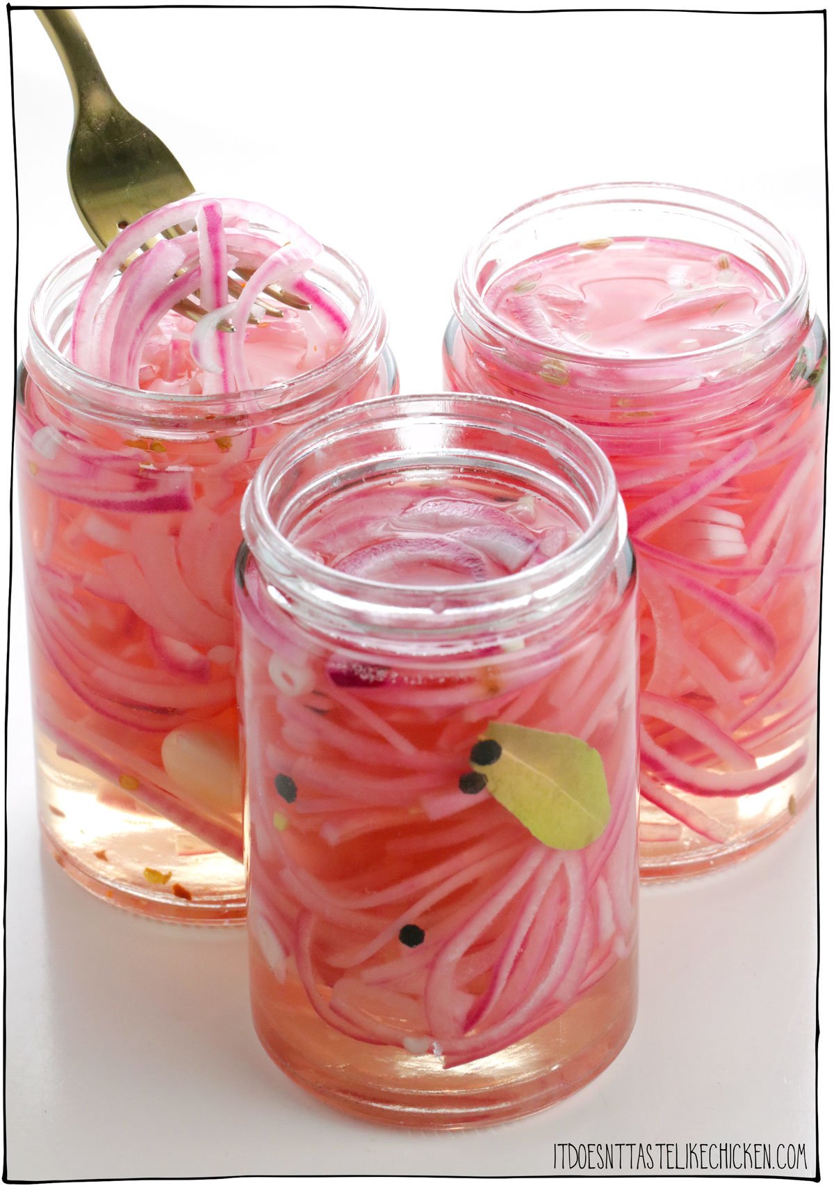Pickled onions are super quick and easy to make with just 4 ingredients. They are such a beautiful color, they are tangy, sweet, and crunchy. This tasty condiment will elevate any dish. Use them on sandwiches, avocado toast, salads, soups, nachos, burgers, tacos, grain bowls, or just eat them straight from the jar. Yum! #itdoesnttastelikechicken #zerowaste #pickle