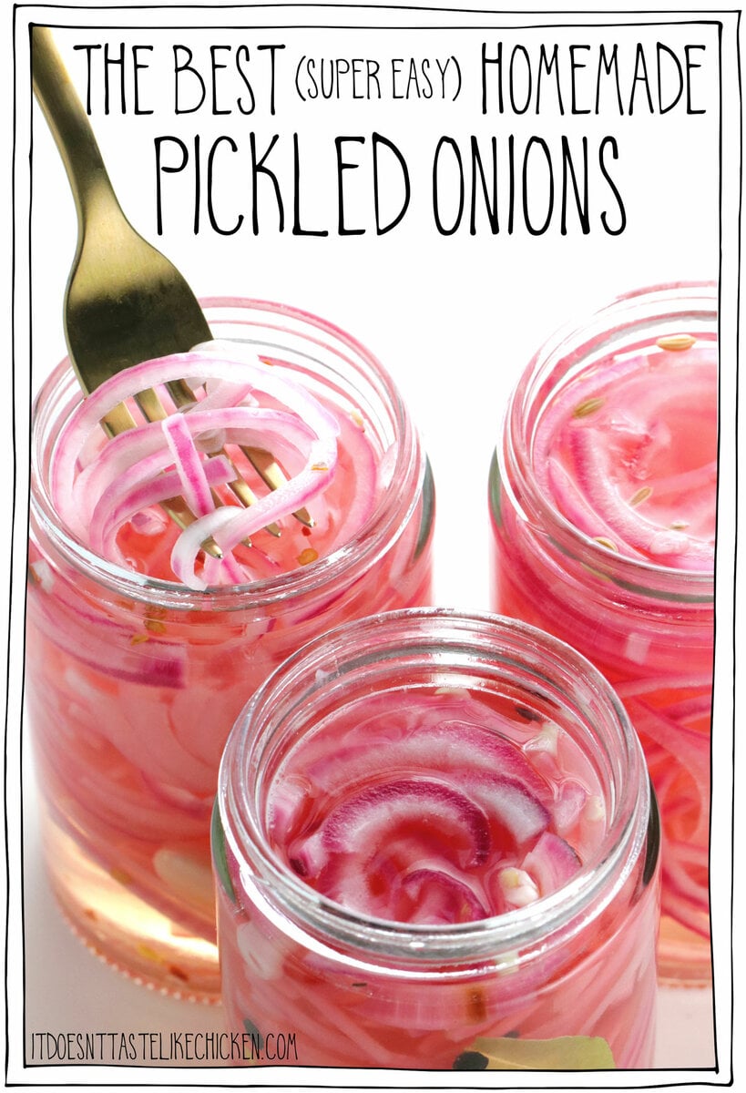 Pickled Onions are super quick and easy to make with just 4 ingredients.  They are such a beautiful color, they are tangy, sweet and crunchy.  This flavorful condiment will enhance any dish.  Use them on sandwiches, avocado toast, salads, soups, nachos, burgers, tacos, cereal bowls, or just eat them straight from the jar.  Yum!  #it ​​doesn't taste like chicken #zero waste #pickle