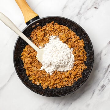 Flour added to pan of TVP mixture.