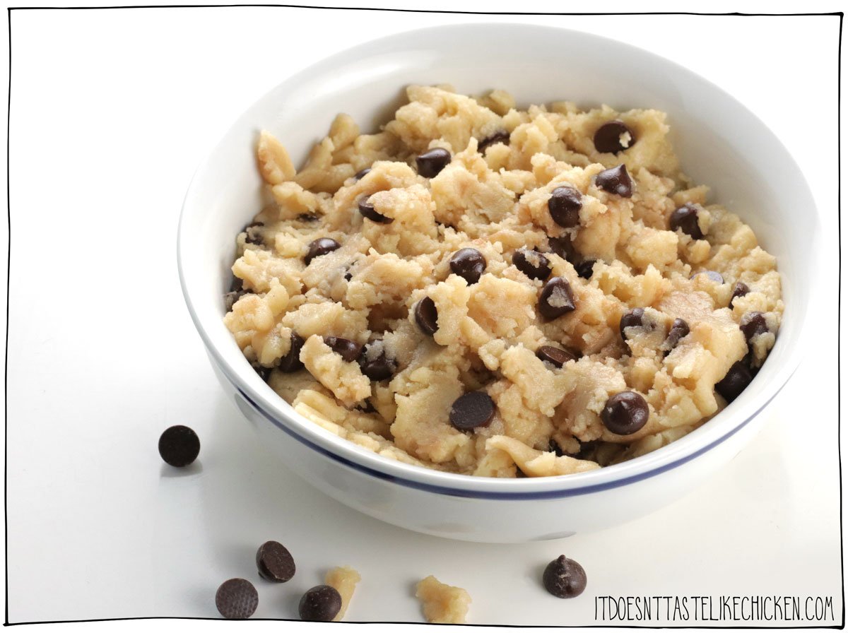 Just 7 ingredients and 6 minutes and you could be enjoying spoonfuls of this delicious vegan cookie dough!  Skip forming and baking cookies and just give me that dough!  #it ​​doesn't taste like chicken #vegandesserts
