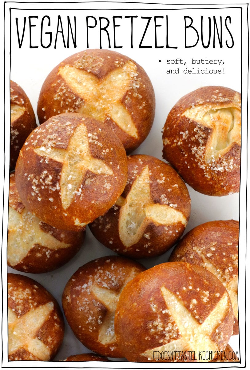 Homemade vegan pretzel buns have a beautiful golden crust, are soft and chewy, salty and buttery, and unbelievably delicious!  Enjoy them as a snack with some mustard, serve them with some soup, dip them in a vegan cheese dip, or use them as a burger bun!  #itdoesnttastelikechicken #veganbaking