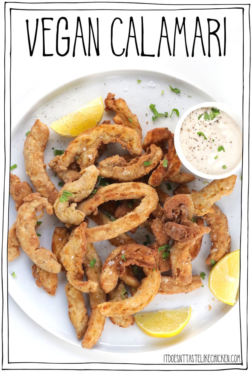 This Vegan Calamari recipe is delicious and fairly easy to make too! Instead of squid, I used marinated soy curls that are dredged in a flour coating and pan-fried until they are crispy, chewy, and delicious! Serve with lemon wedges and the garlic mayo sauce for the best fancy appetizer! #itdoesnttastelikechicken #vegan #veganseafood #veganappetizer