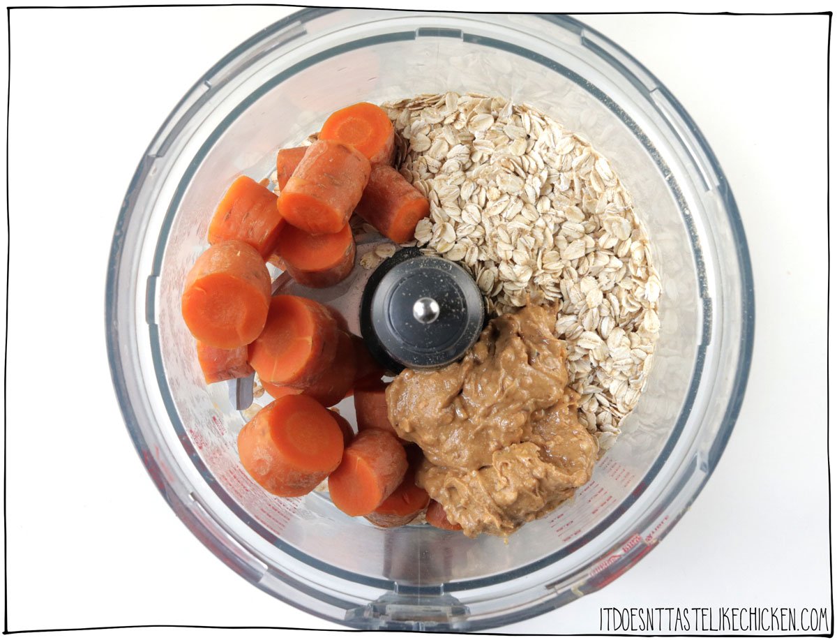 Add the carrots, oats, and peanut butter to a food processor.