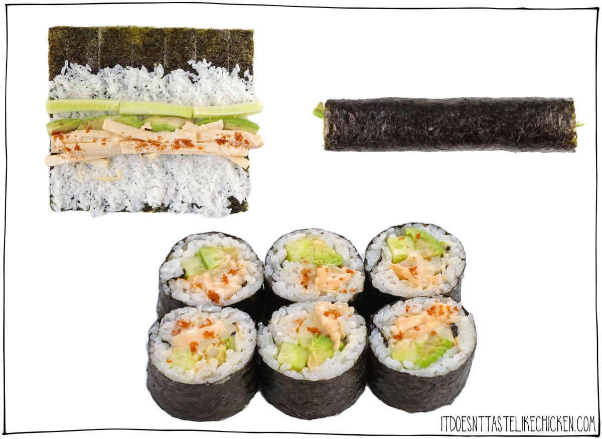 Alternativement, vous pouvez enrouler facilement les sushis californiens végétaliens avec le nori à l'extérieur du rouleau.