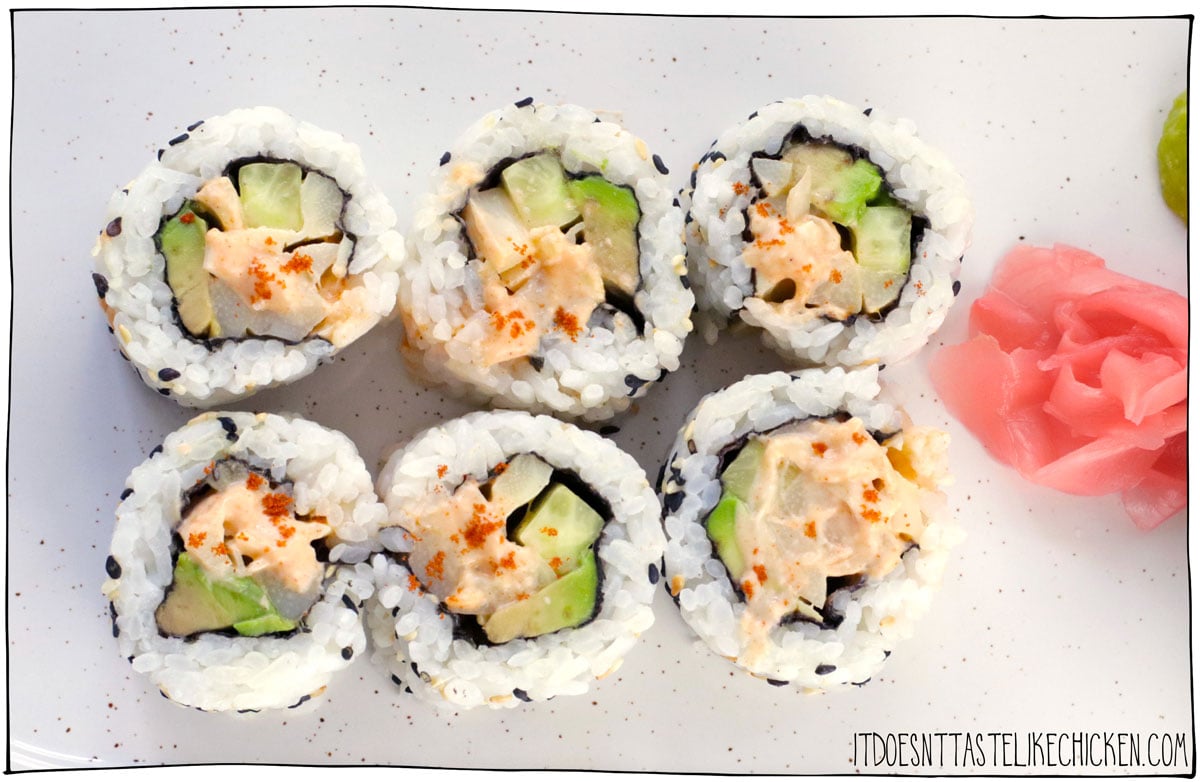 This simple Vegan California Roll recipe tastes just like the original, but it's totally vegan! Homemade sushi is so fun to make, very affordable, and soooo tasty! The filling is made up of 6 simple ingredients that when combined taste just like the classic California roll but no fish are harmed :) #itdoesnttastelikechicken #vegan #sushi #vegansushi