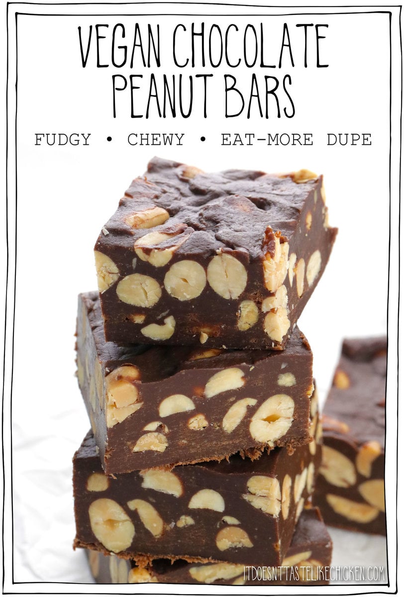 Just 5 ingredients, and super easy to make, these Vegan Chocolate Peanut Bars are a delicious candy treat! The perfect combination of flavors: not-too-sweet, super chocolatey, fudgy, chewy, crunchy, and peanuty! These bars are a dupe for the classic Canadian chocolate bar "Eat-More". #itdoesnttastelikechicken #veganchocolate #chocolate