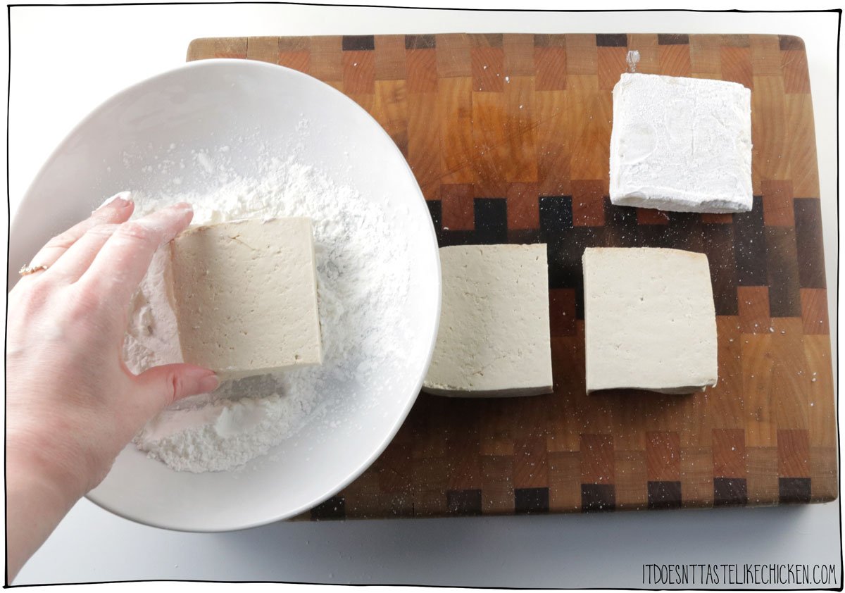 Coat the tofu slices in cornstarch