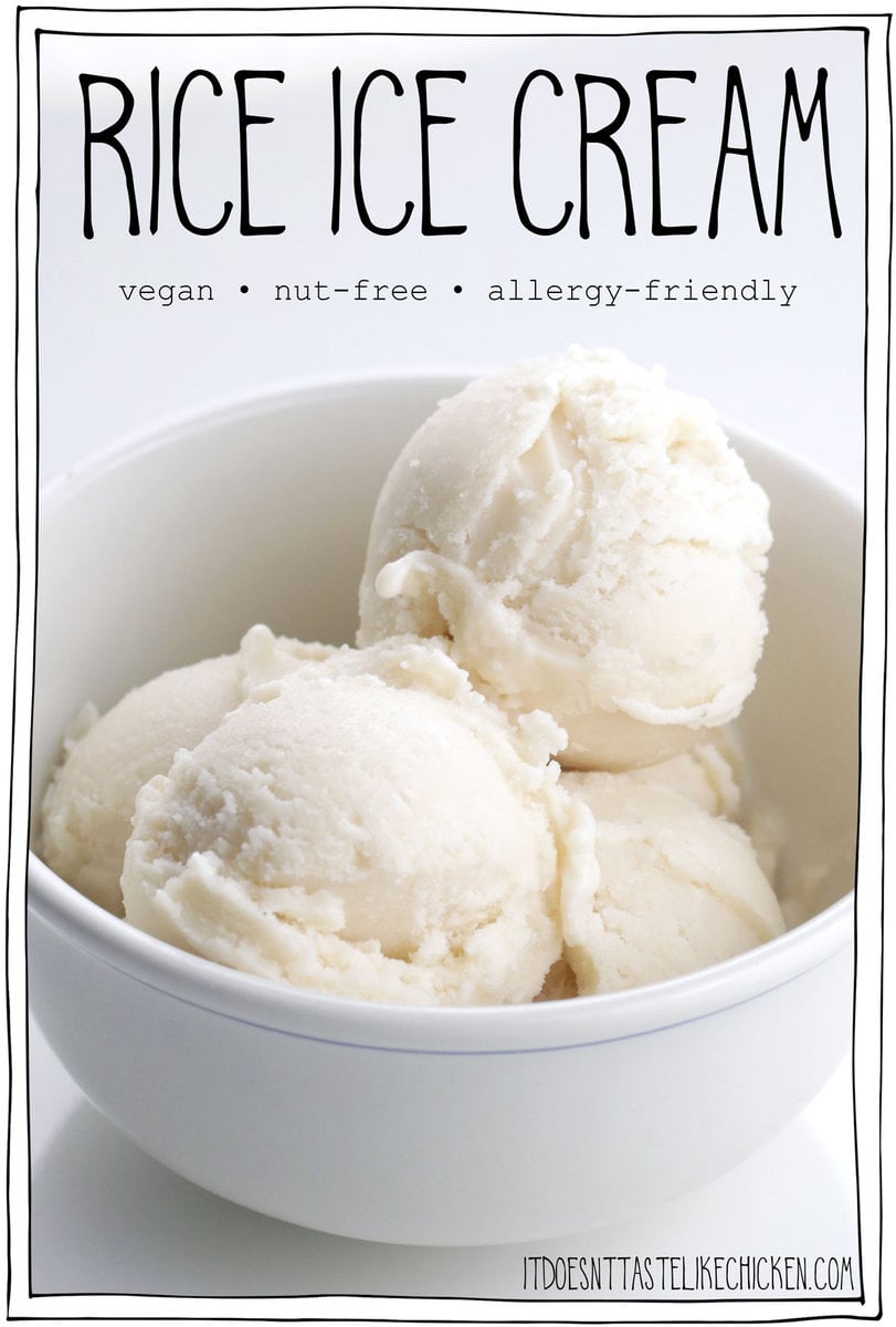 Just 5 ingredients, dairy-free, vegan, nut-free, and allergy-friendly, this Rice Ice Cream recipe is the perfect summer treat that everyone can enjoy! It's also a great way to use up leftover rice. This ice cream tastes exactly like classic vanilla ice cream and it's great to enjoy on its own or with birthday cake! Instructions include how to make it with or without an ice cream machine. #itdoesnttastelikechicken #icecreamrecipe #vegan #dairyfree #allergyfriendly