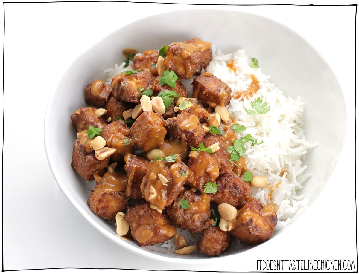 Easy Peanut Tofu is a delicious, flavor-packed recipe that will have you begging for more! Even tofu haters will love this recipe. Tofu is baked until golden, then coated in a sticky savory peanut sauce that will tantalize your taste buds. This vegan tofu dish is easy to prepare and so delicious, you'll want to add this recipe to your weekly rotation!