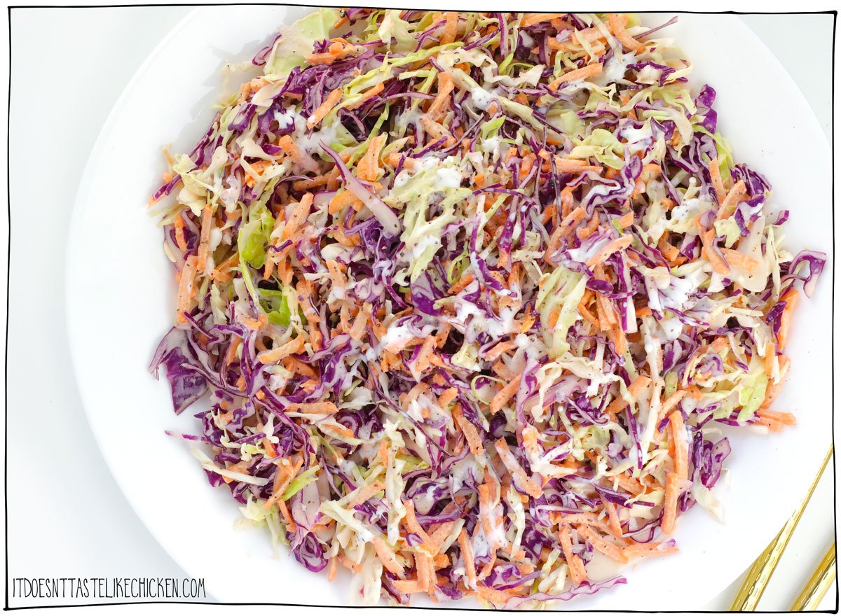 This Super Easy Vegan Coleslaw recipe is delicious and quick to make! The classic coleslaw flavors you know and love with a creamy dressing recipe. The dressing is mayo based, but if that's not your thing, I also give options for a yogurt-based dressing if you prefer. Serve this coleslaw at your next barbecue, everyone will love it! 