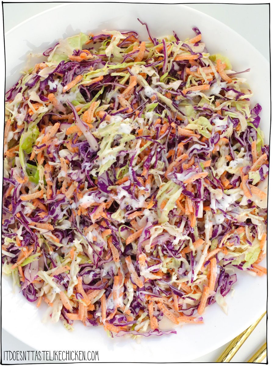 This Super Easy Vegan Coleslaw recipe is delicious and quick to make! The classic coleslaw flavors you know and love with a creamy dressing recipe. The dressing is mayo based, but if that's not your thing, I also give options for a yogurt-based dressing if you prefer. Serve this coleslaw at your next barbecue, everyone will love it! 