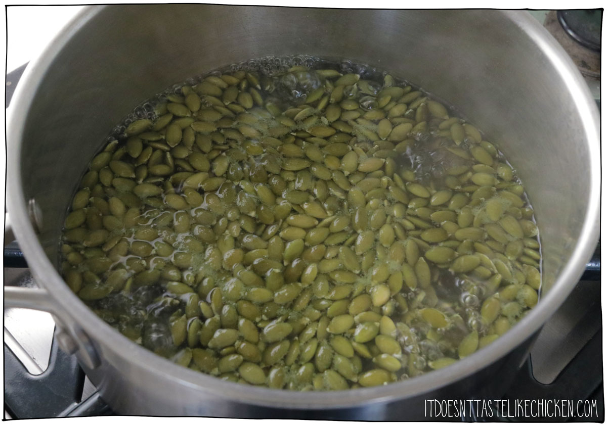 Boil the pumpkin seeds. Or you can soak then overnight.