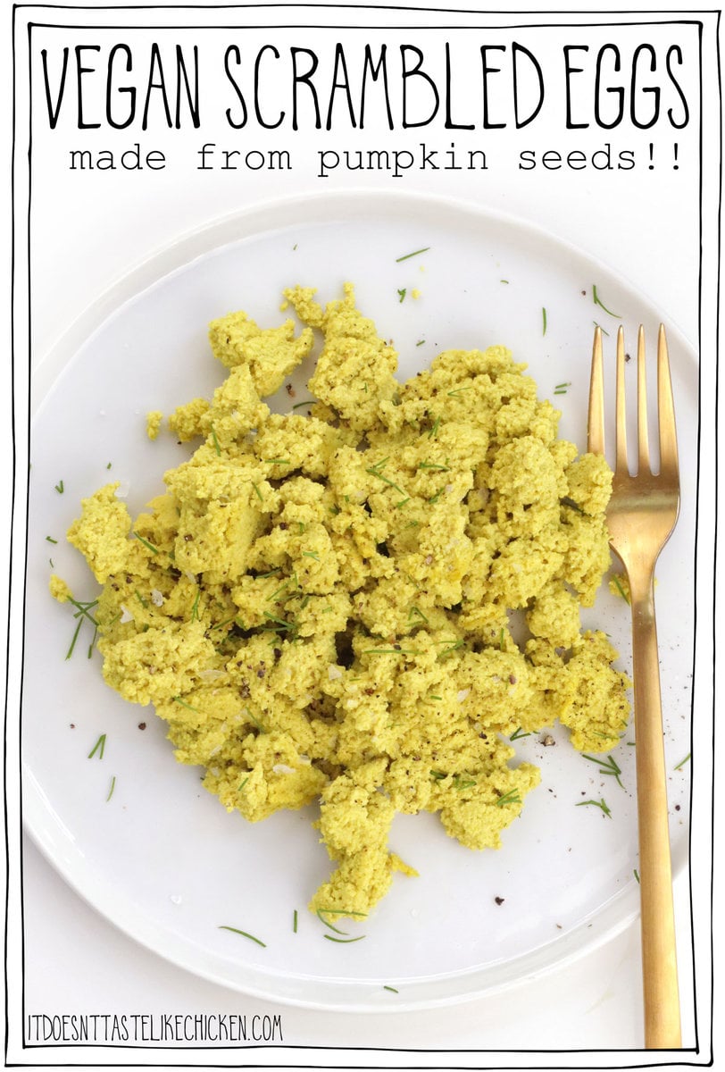 This Vegan Scrambled Eggs is made from pumpkin seeds! This scramble is fluffy, creamy, and super delicious. It's also low in calories and high in protein.