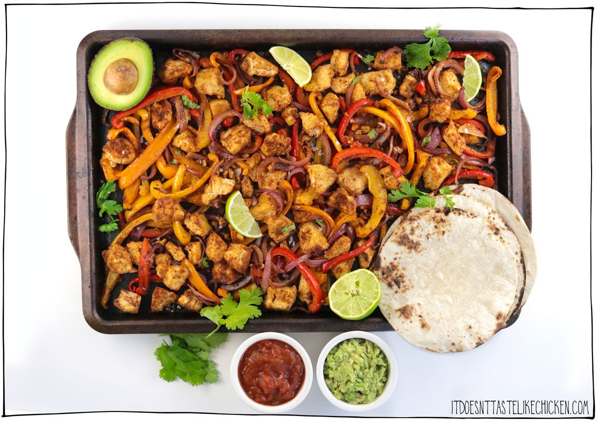 If you are looking for a super easy, delicious, veggie-packed dinner, Vegan Sheet Pan Fajitas are for you! Just 15 minutes of prep then pop the sheet pan in the oven to roast. Serve the flavor-packed tofu and veggies with warm tortillas and your favorite toppings. The perfect crowd-pleasing easy weeknight dinner, you'll want to add this to your weekly rotation! 