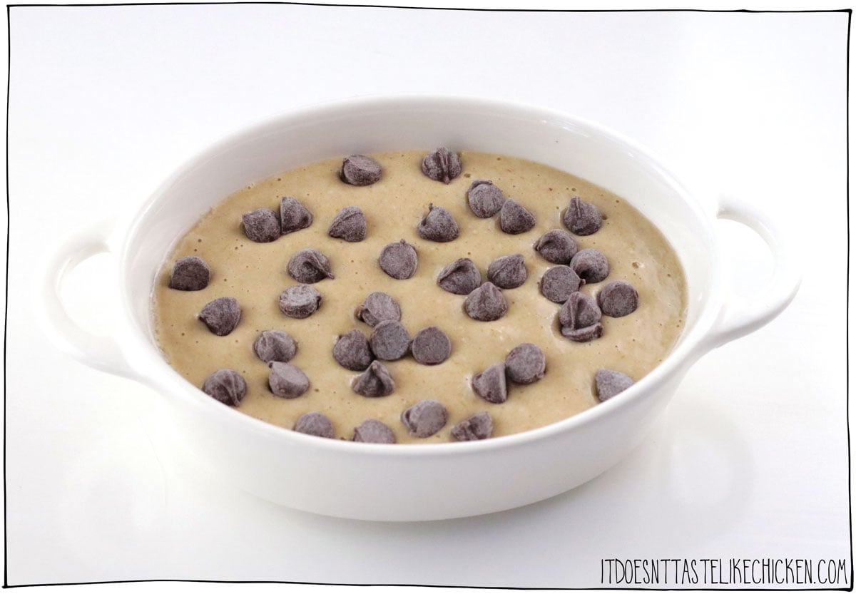 Pour in a baking dish and top with chocolate chips.