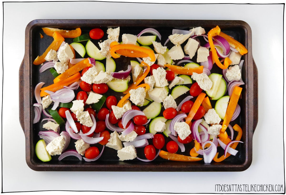 Add the veggies and tofu to the sheet pan.