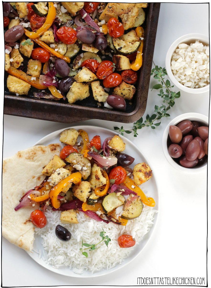 Vegan Greek Sheet Pan dinner is a healthy weeknight dinner that is quick and easy to make! Colourful vegetables and tender bites of tofu are tossed in a lemony garlicky Greek-inspired seasoning. Just pop in the oven until caramelized and golden, then top with Kalamata olives and a sprinkle of vegan feta. This Greek-inspired meal is delicious served on rice or pita and great for meal prep! 