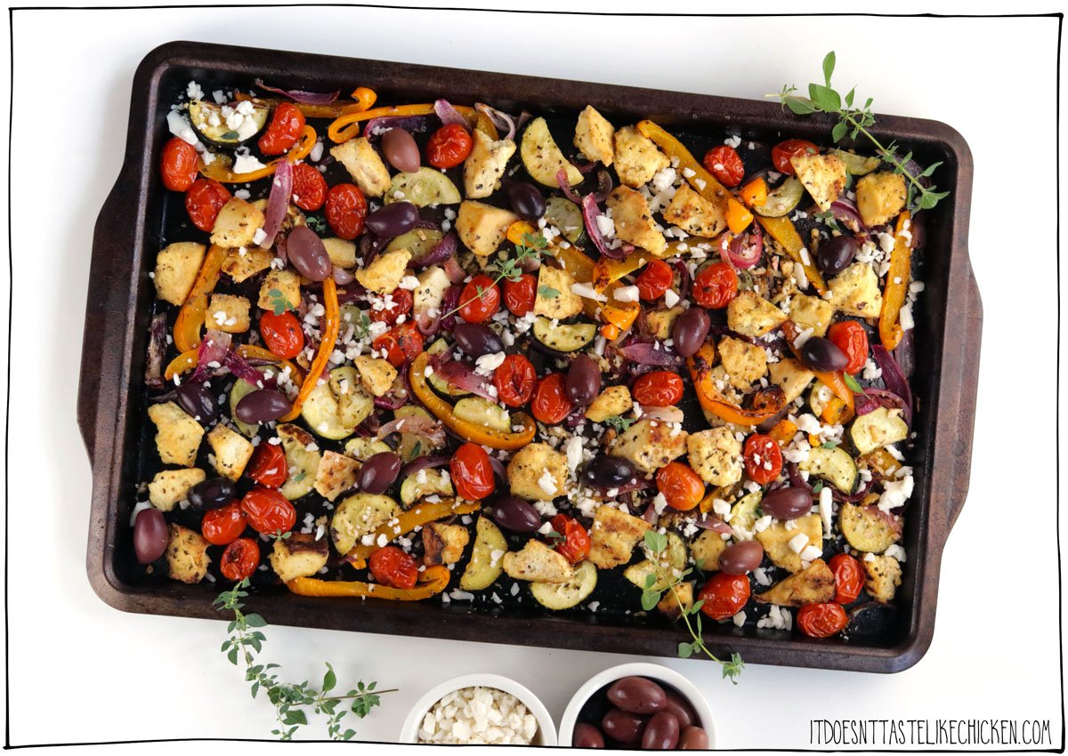 Vegan Greek Sheet Pan dinner is a healthy weeknight dinner that is quick and easy to make! Colourful vegetables and tender bites of tofu are tossed in a lemony garlicky Greek-inspired seasoning. Just pop in the oven until caramelized and golden, then top with Kalamata olives and a sprinkle of vegan feta. This Greek-inspired meal is delicious served on rice or pita and great for meal prep! 